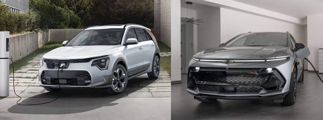 Image of 2025 Kia Niro EV charging next to 2025 Chevrolet Equinox EV
