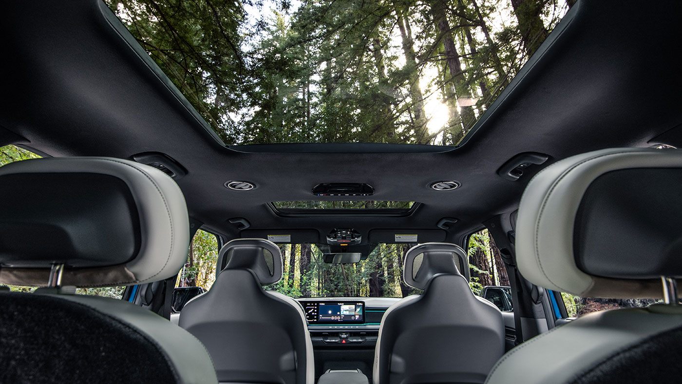 Interior shot of 2026 Kia EV9 pointing to sunroof