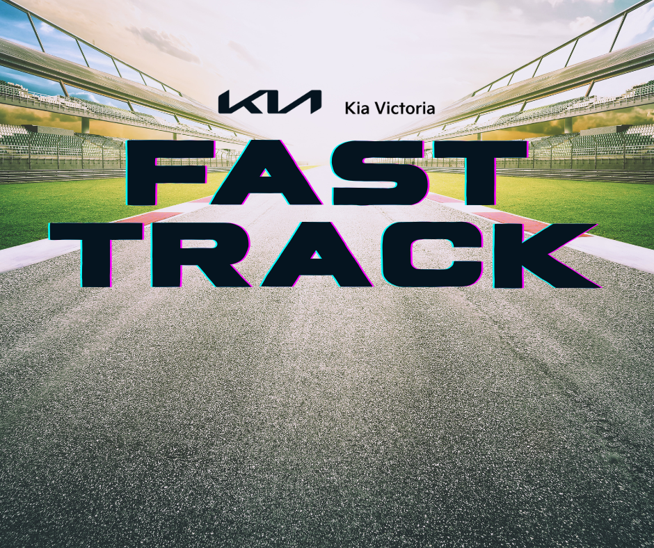 Kia Victoria Fast Track logo displayed over a bright race track background, representing the dealership’s fast and personalized car buying program.