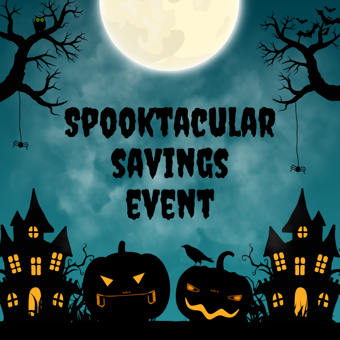 Halloween-themed graphic for Kia Victoria’s Spooktacular Savings Event in Victoria, BC, featuring glowing pumpkins, haunted houses, and a full moon.