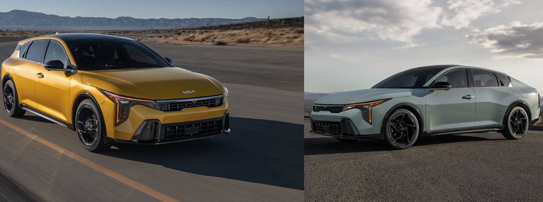 Images of k4 sedan and k4 hatchback driving down road.