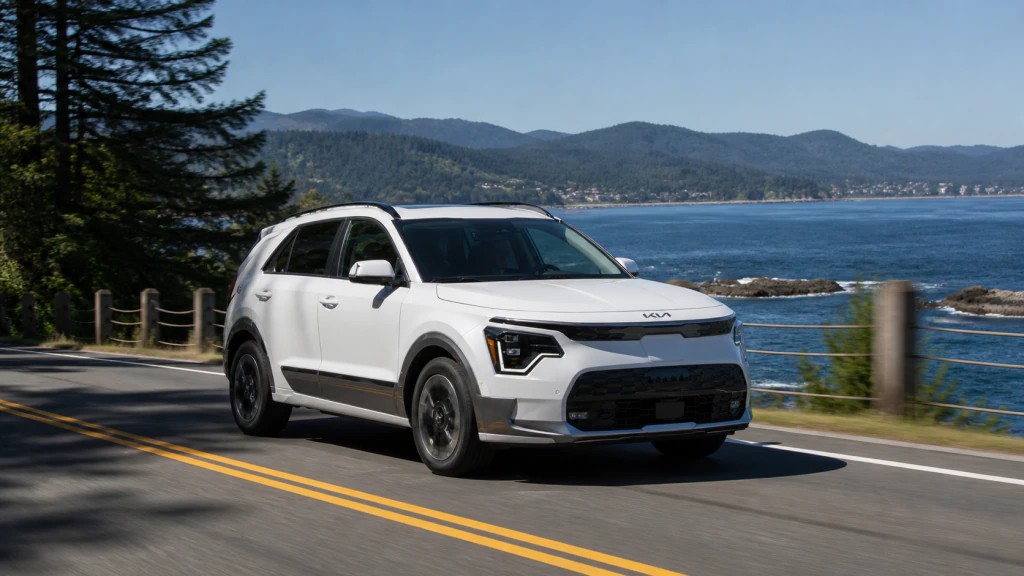 White Kia Niro EV driving along Vancouver Island coastal highway with ocean view