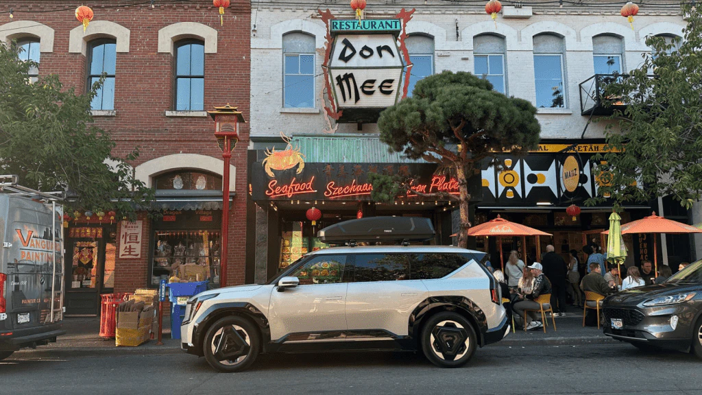 Kia EV9 electric SUV on Fisgard Street in Chinatown Victoria BC