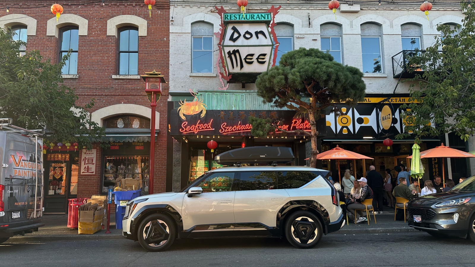 Kia EV9 electric SUV on Fisgard Street in Chinatown Victoria BC